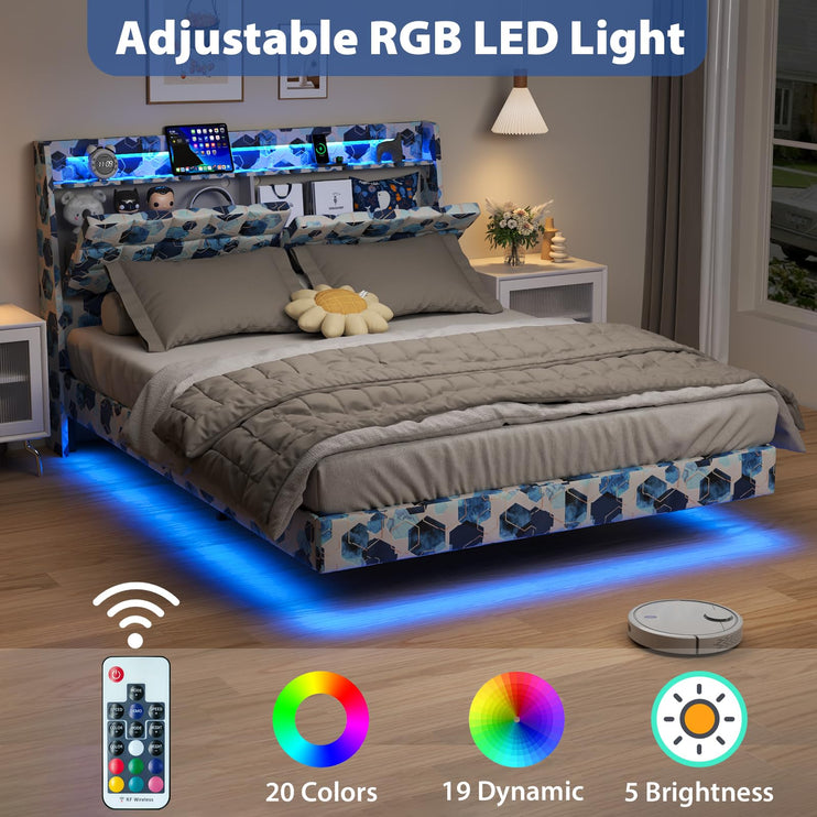 Floating Queen Bed Frame with Storage, Upholstered Platform Bed Frame Queen with LED Lights, Floating Bed Frame with Headboard, Charging Station with USB Ports, No Noise, Blue