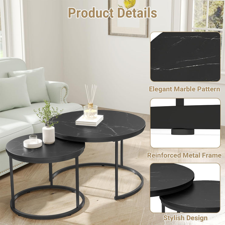 Small Coffee Table Round, Wood Nesting Coffee Table Set 27.6” with Marble Pattern Circle Table for Living Room, Bedroom, Patio, Yard (Black)