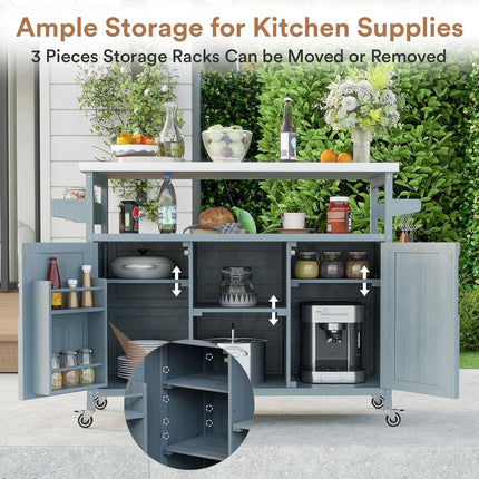 Outdoor Grill Cart with Storage, Stainless Steel Tabletop Outdoor Kitchen Island, Fir Wood Outdoor Buffet Cabinet with Lockable Wheels for Grilling, Gray-Blue