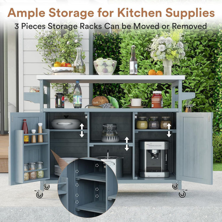 Outdoor Grill Cart with Storage, Stainless Steel Tabletop Outdoor Kitchen Island, Fir Wood Outdoor Buffet Cabinet with Lockable Wheels for Grilling, Gray-Blue