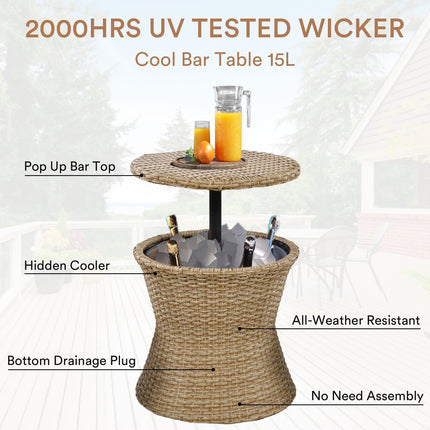 5 Piece Rope Patio Furniture Set, All-Weather Conversation Sets for Backyard with Handwoven Armchairs, Ottomans, Pop-Up Cool Bar Wicker Table, Beige
