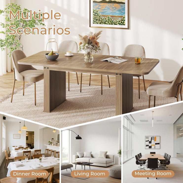63"-78.7" Expandable Dining Table, 6-10 Farmhouse Kitchen Table, Rectangular Extendable Dining Table, with Metal Slide Track, Widened Wood Striped Legs for Dining Room-Beige Brown