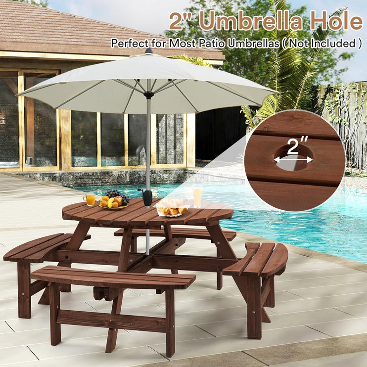 8 Person Wood Picnic Table, Round Tabletop with Umbrella Hole, 4 Integrated Curved Benches, 2220LBS Overall Capacity for Patios, Backyard, Rustic Brown