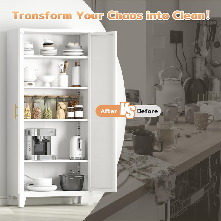 70.87" H Metal Kitchen Pantry Cabinet, Freestanding Cupboard with 2 Doors and 4 Adjustable Shelves, Tall Metal Storage Cabinet for Kitchen, Bathroom, Dinning Room or Laundry Room （White）