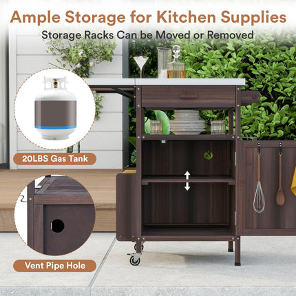 Outdoor Grill Cart with Drop Leaf, Stainless Steel Tabletop Outdoor Kitchen Island, Solid Wood Outdoor Buffet Cabinet with Drawer, Towel Rack, Lockable Wheels for Grilling, Brown/Light Wood Color/Gray-blue
