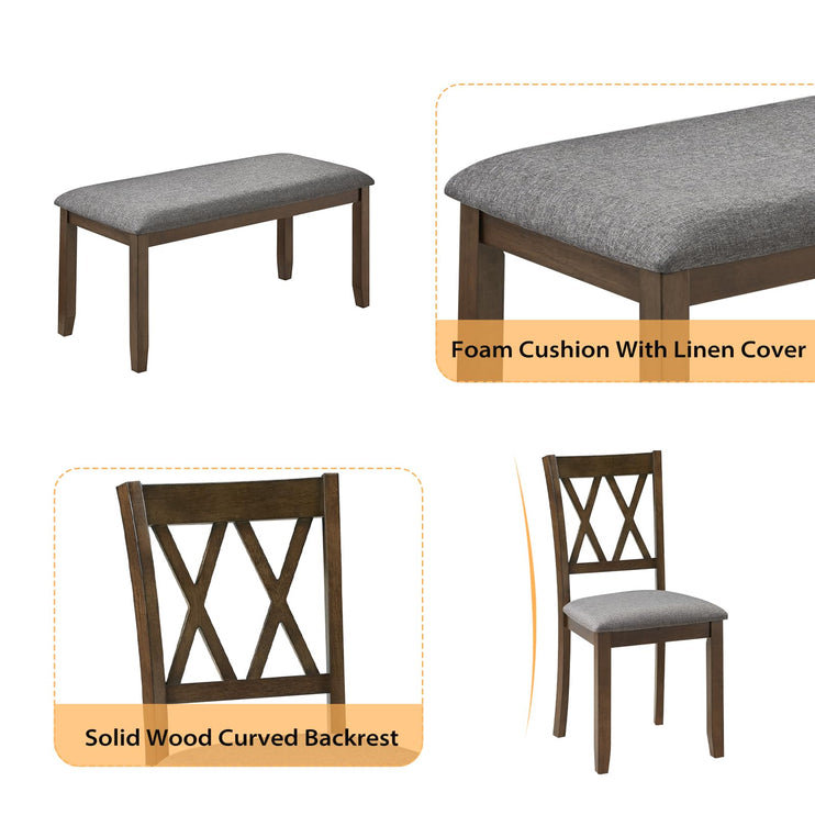 6-Piece Solid Wood Dining Table Set, Dining Table & Chair Set for 6, Including 1 Dining Table, 4 Upholstered Chairs and 1 Bench, Dining Table Set for Dining Room & Kitchen, Walnut