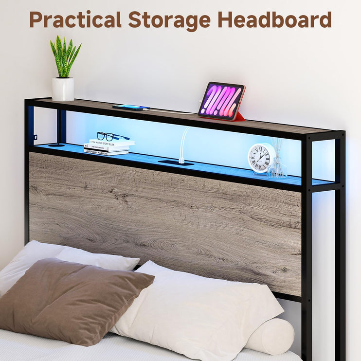 Queen Bed Frame with 4 Drawers & Headboard, Queen Size Metal Platform Bed Frame with Charging Station, LED Lights, Sturdy & Stable Queen Size Bedframe, Noiseless, No Box Spring Needed