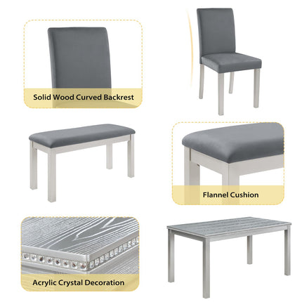 6-Piece Solid Wood Dining Table Set, Including 1 Dining Table, 4 Upholstered Chairs and 1 Bench, Wooden Dining Table Set with Crystal Decoration for Kitchen, Dining Room, Silver Grey