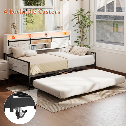 Twin Daybed with Trundle Bed, Rustic Farmhouse Daybed Frame with Sliding Barn Door Headboard LED Lights and Charging Station, Heavy Duty Metal Daybed for Bedroom Living Room Guest Room White