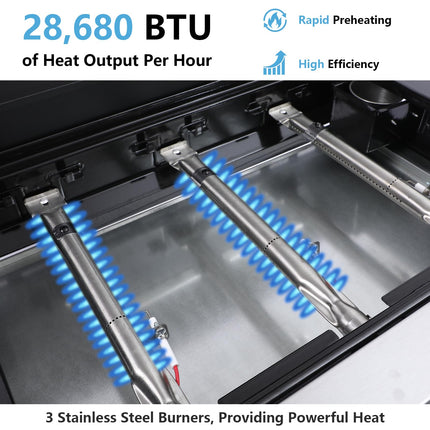 3 Burner Portable Propane Grill, Tabletop Gas Grill with Stainless Steel Grill Tray, Regulator, 28,680 BTU Gas Griddle Flat Top Grill for Patio, Garden Barbecues, Camping