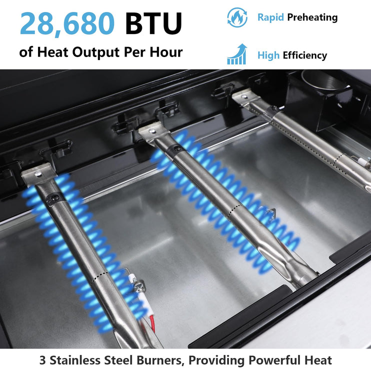 3 Burner Portable Propane Grill, Tabletop Gas Grill with Stainless Steel Grill Tray, Regulator, 28,680 BTU Gas Griddle Flat Top Grill for Patio, Garden Barbecues, Camping