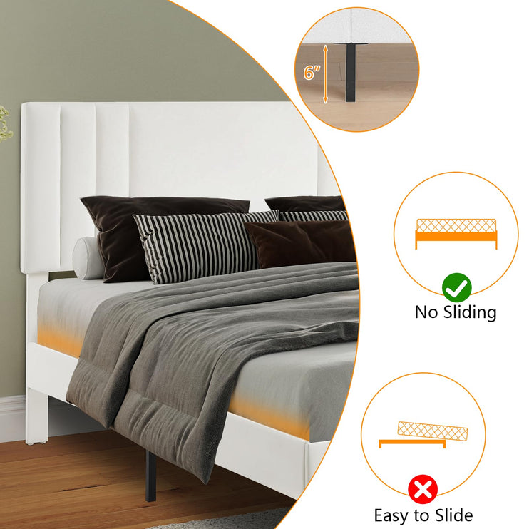 Upholstered Bed Frame King, PU Leather Upholstered Bed Frame with Headboard, Mattress Foundation with Sturdy Wooden Slats, No Box Spring Needed, No Noise, White