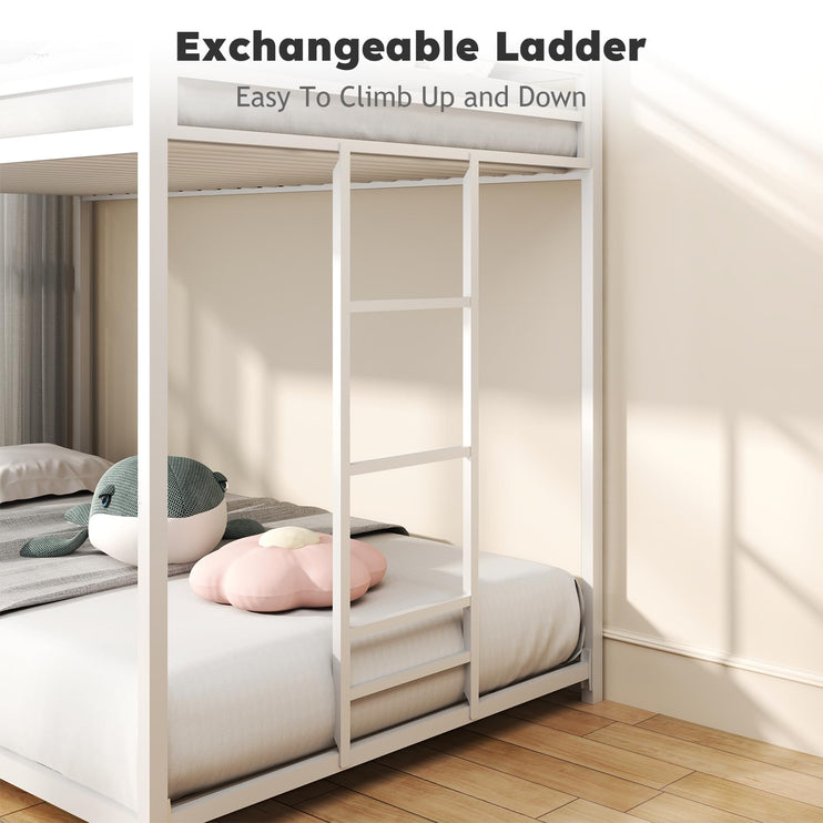 Twin Over Twin Bunk Bed, Metal Low Profile Bunkbeds with Full-Length Guardrail and Ladder, Space Saving, No Boxing Spring Needed, White