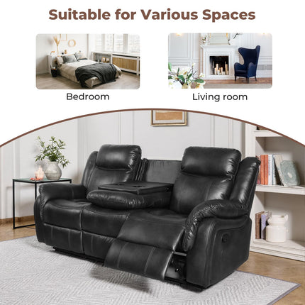 Leather Manual Recliner Sofa Set, 1, 2, 3 Seat Reclining Chairs with Adjustable Angles, Center Console, Hidden Storage & Cup Holders, Modern Reclining Furniture for Living Room & Bedroom, Black