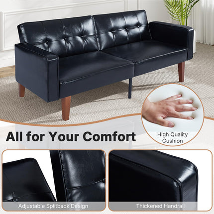 Futon Sofa Bed Futon Couch Loveseat, Convertible Recliner Lounge with Adjustable Backrest, Foam and Spring Cushions for Living Room Apartment Office, PU Leather, Glossy Black