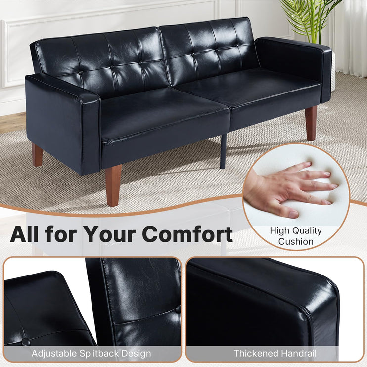 Futon Sofa Bed Futon Couch Loveseat, Convertible Recliner Lounge with Adjustable Backrest, Foam and Spring Cushions for Living Room Apartment Office, PU Leather, Glossy Black