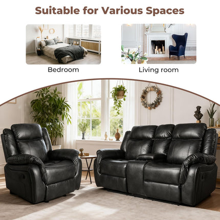 Leather Manual Recliner Sofa Set, Reclining Sofa Chair with Adjustable Angle, Living Room Furniture Sets, Includes Single Recliner Chair and Loveseat Sofa, Black