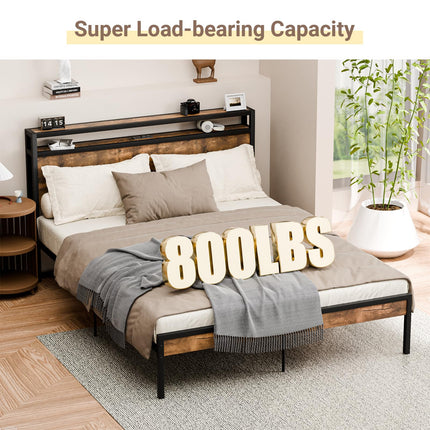Queen Size Bed Frame with Headboard, Headboard with Charging Station, 2 USB Port & 2 AC Power Outlet, Queen Metal Platfrom Bed Frames No Box Spring Needed, Sturdy & Assembly, Brown