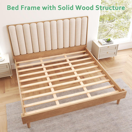 Wood Queen/King Bed Frame with Piano Key Style Upholstered Headboard, Sturdy Solid Wood Framework & Wooden Slat Support, No Box Spring Required, Wheat