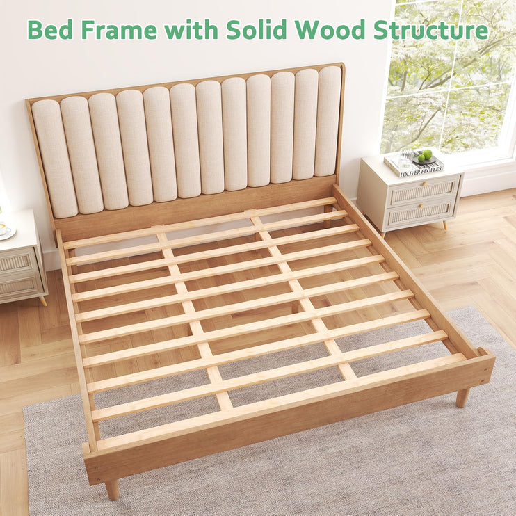 Wood Queen/King Bed Frame with Piano Key Style Upholstered Headboard, Sturdy Solid Wood Framework & Wooden Slat Support, No Box Spring Required, Wheat