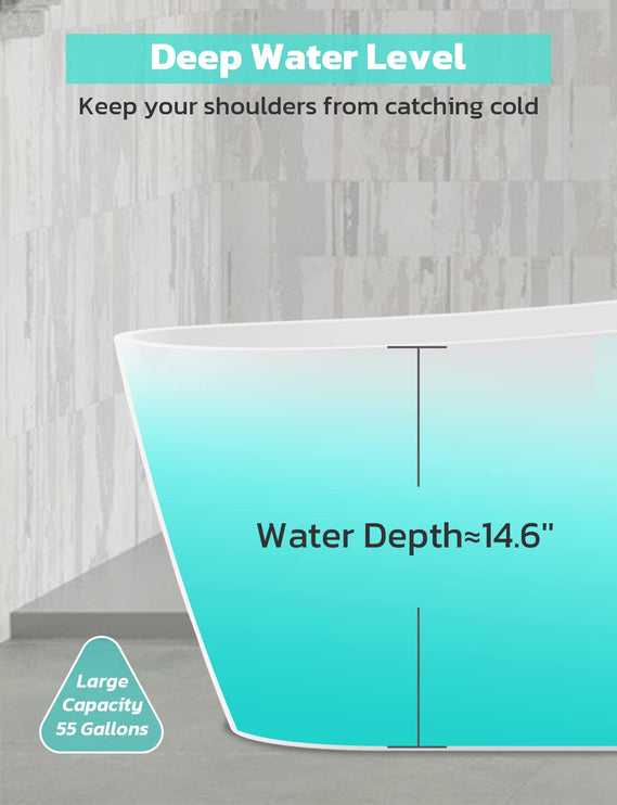 Freestanding Bathtub, 55 inch Acrylic Free Standing Soaking Bathroom Tub with Brushed Nickel-Finished Overflow and Anti-Clogging Drain, Easy Installation