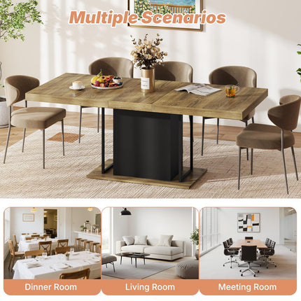 63"-78.7" Expandable Dining Tables, 6-10 Farmhouse Kitchen Table, Extendable Dining Room Table, Rectangular Thick Top with Metal Track, Central Column Base for Living Room, Office-Brown