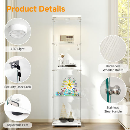 Tempered Glass Display Cabinet with Lights, 4-Tier Curio Cabinet with Glass Doors and Lock, Glass Display Case for Collectibles, for Living Room, Office, Bedroom, Single Door, White