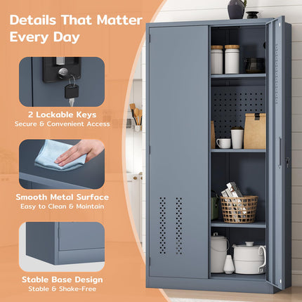 72" H Metal Storage Cabinet, Garage Storage Cabinet with 2 Doors and 4 Adjustable Shelves, Tall Lockable Cabinet for Kitchen, Office, Home or Garage（Grey）