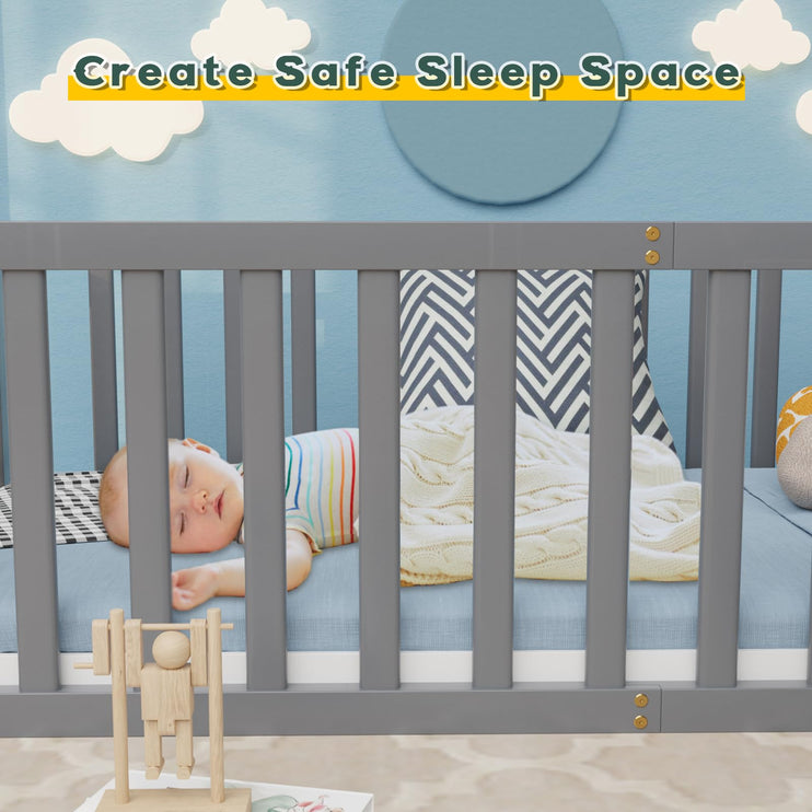 Twin Size Floor Bed for Kids & Children, Twin Montessori Floor Beds with Safety Guardrails and Door, Wood Beds for Kids & Childrens, Boys and Girls, Easy Assembly(Grey)