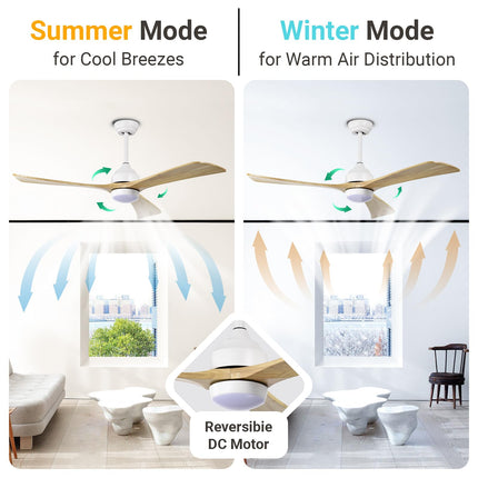 52 Inch Ceiling Fan with Light, Modern Ceiling Fan with Light and Remote, 3 Wooden Blades, Reversible DC Motor, Quiet Ceiling Fan for Bedroom/Living Room/Office, Light Wood