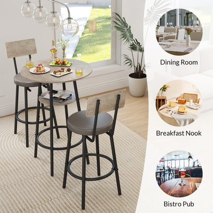 3 Pieces Round Bar Table and Chairs Set, Small Dining Table for 2, Kitchen Bar Table, Breakfast Table with Storage, 2 Thickened Cushion Stools with Backrest for Dining Room & Bistro-Grey