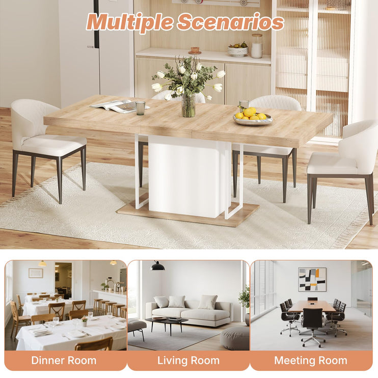 63"-78.7" Expandable Dining Table, 6-10 Farmhouse Kitchen Table, Extendable Dining Room Tables, Rectangular Table with Metal Track, Stable Central Column Base for Living Room, Home-Oak