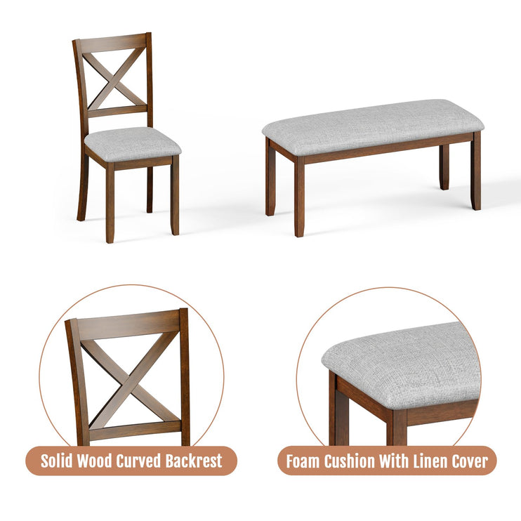 6-Piece Solid Wood Dining Table Set, Including 1 Dining Table, 4 Upholstered Chairs and 1 Bench, Wooden Dining Table Set for Kitchen, Dining Room, Walnut