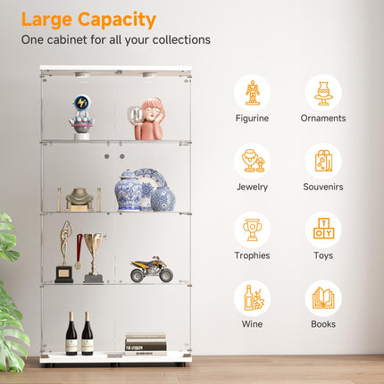 Tempered Glass Display Cabinet with Lights, 4-Tier Curio Cabinet with Glass Doors and Lock, Glass Display Case for Collectibles, for Living Room, Bedroom, Office, Double Door, White