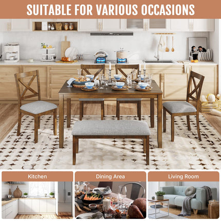 6-Piece Solid Wood Dining Table Set, Including 1 Dining Table, 4 Upholstered Chairs and 1 Bench, Wooden Dining Table Set for Kitchen, Dining Room, Walnut