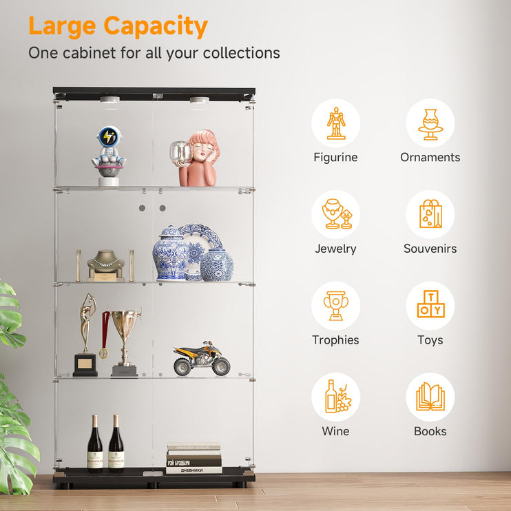 Tempered Glass Display Cabinet with Lights, 4-Tier Curio Cabinet with Glass Doors and Lock, Glass Display Case for Collectibles, for Living Room, Bedroom, Office, Black, Double Door