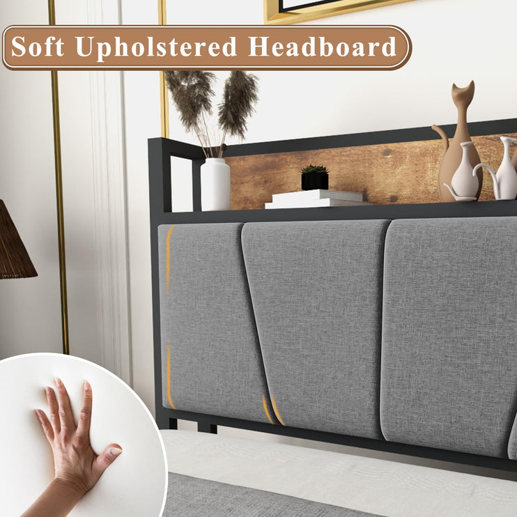 Queen Size Bed Frame with Headboard & Charging Station, Queen Upholstered Headboard with Storage Shelf, Heavy Duty Metal Platform Bed Frame, No Box Spring Needed, Easy Assembly