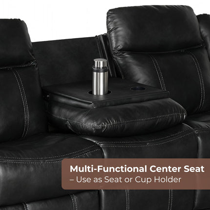 Leather Manual Recliner Sofa Set, 1, 2, 3 Seat Reclining Chairs with Adjustable Angles, Center Console, Hidden Storage & Cup Holders, Modern Reclining Furniture for Living Room & Bedroom, Black