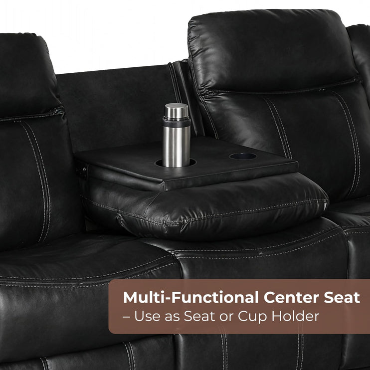 Leather Manual Recliner Sofa Set, 1, 2, 3 Seat Reclining Chairs with Adjustable Angles, Center Console, Hidden Storage & Cup Holders, Modern Reclining Furniture for Living Room & Bedroom, Black