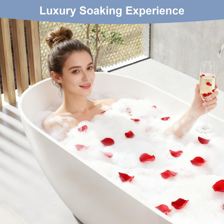 59/63/69 Inch Solid Surface Freestanding Bathtub, Oval Shaped Soaking Stone Resin Bath Tub with Brushed Overflow and Drain, Matte White Stand Alone Bathtub, cUPC Certified