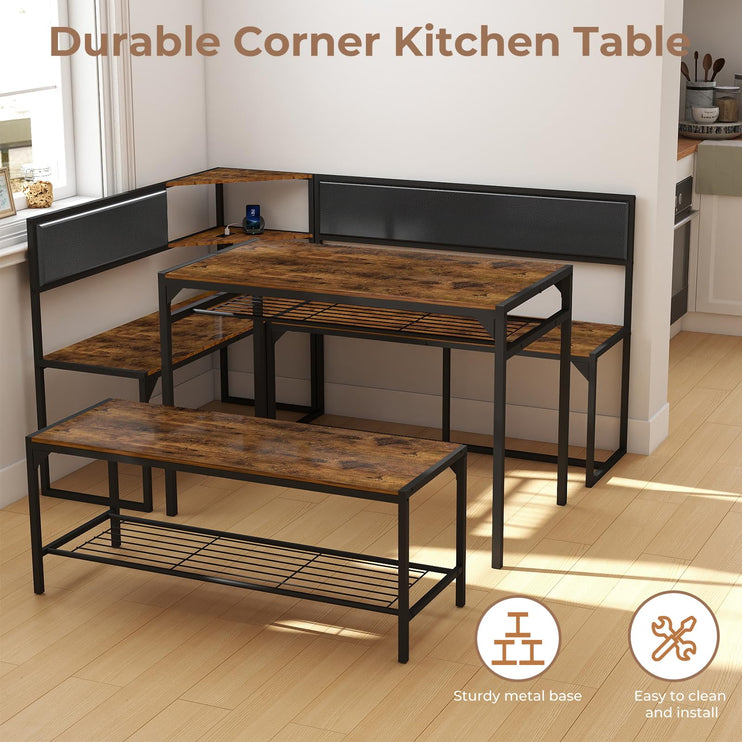 Corner Dining Table Set for 4-6, Breakfast Nook Table Set with Charging Port, Corner Kitchen Table with Storage & Bench, Farmhouse Corner Dining Table Set for Dining Room, Kitchen - Brown