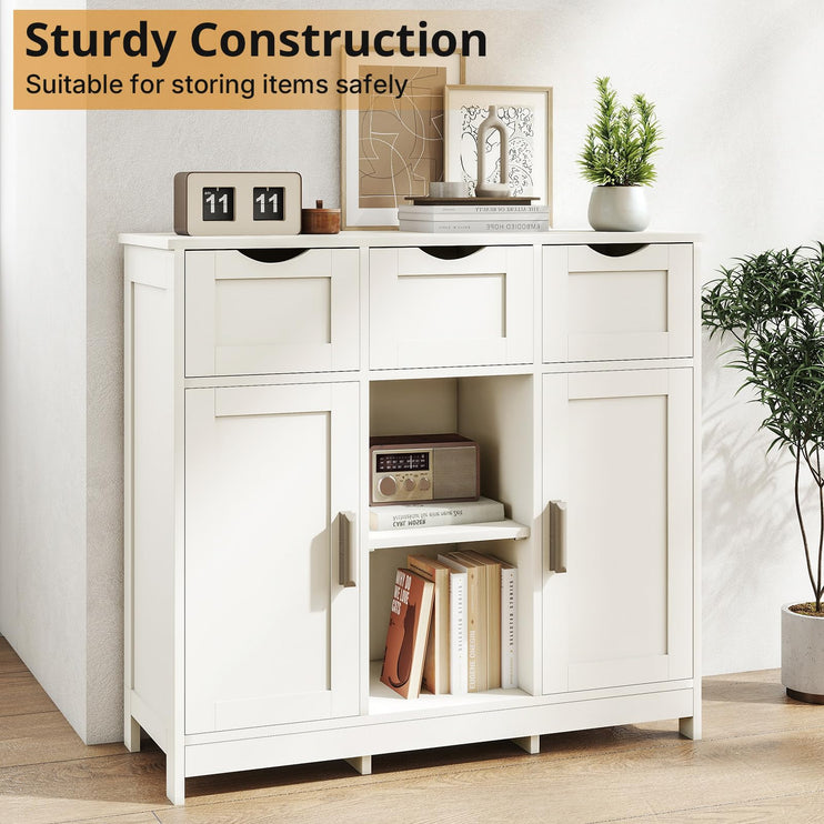 Modern Farmhouse Sideboard Buffet Cabinet, Kitchen Storage Cabinet, Coffee Bar Cabinet with Drawer and Adjustable Shelf, Accent Cabinets with Storage for Kitchen, Dining Room, White