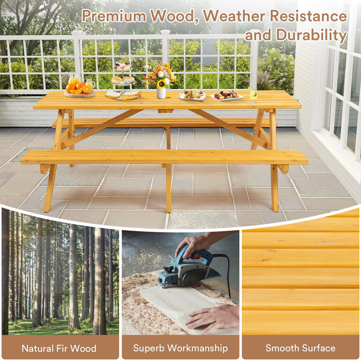 8 Person Wood Picnic Table, Rectangle Tabletop with Umbrella Hole, 2 Built-in Long Benches, 2220LBS Total Capacity for Gardens, Yards, Pale Wood