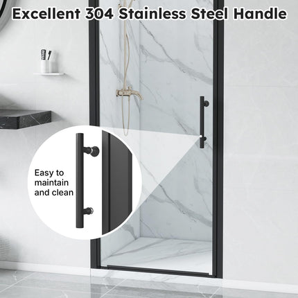 Adjustable 32-33.5" W x 75" H Semi-Frameless Pivot Shower Door, 1/4" (6mm) Clear Tempered Glass Shower Door, Pivot Swing Shower Glass Door, Reversible Installation, Black
