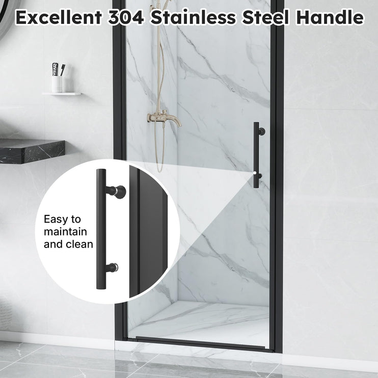 Adjustable 32-33.5" W x 75" H Semi-Frameless Pivot Shower Door, 1/4" (6mm) Clear Tempered Glass Shower Door, Pivot Swing Shower Glass Door, Reversible Installation, Black