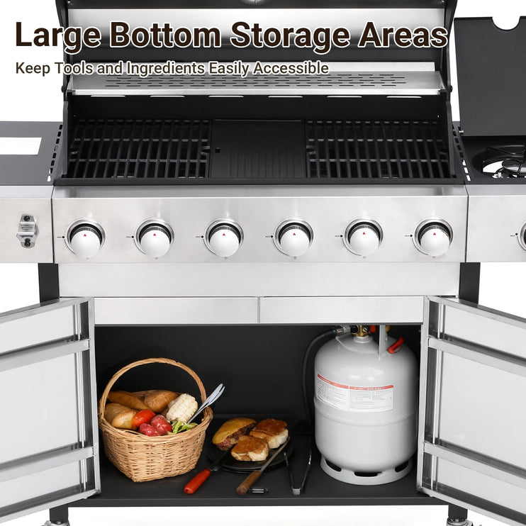 7 Burner Gas Grill with Side Burner, Dual-sided Frying Plate, Thermometer, Wheels, Side Tables, Stainless Steel Burner, 65,910 BTU Outdoor Grill for Patio, Garden, Balcony