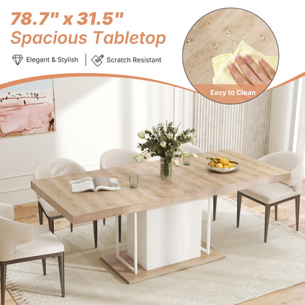 63"-78.7" Expandable Dining Table, 6-10 Farmhouse Kitchen Table, Extendable Dining Room Tables, Rectangular Table with Metal Track, Stable Central Column Base for Living Room, Home-Oak