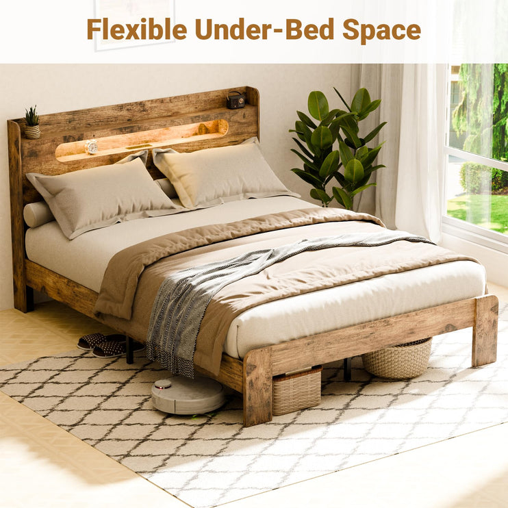 Full Size Bed Frame Wood, Full Bed Frame with LED Lights, Charging Station with 2 USB Ports & 2 AC Outlets, Sturdy Wood Framework, Noiseless, Rustic Brown (Arc Edge Rectangular Slot)