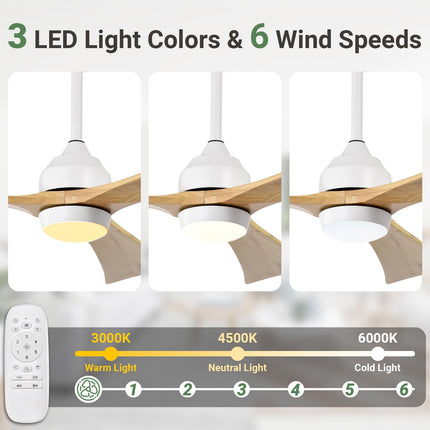 52 Inch Ceiling Fan with Light, Modern Ceiling Fan with Light and Remote, 3 Wooden Blades, Reversible DC Motor, Quiet Ceiling Fan for Bedroom/Living Room/Office, Light Wood