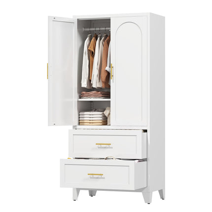Metal Armoire Wardrobe Closet with Drawers, 2 Doors and Adjustable Shelf, White Wardrobe Cabinet 70.87" X 31.5" X 17.72" Tall Storage Cabinets for Bedroom, Laundry Room, Office